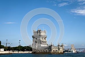 View from a tour boat over Belem tower in Lisbon