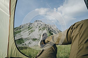 View from tourist tent inside on the mountain landscape in Monte