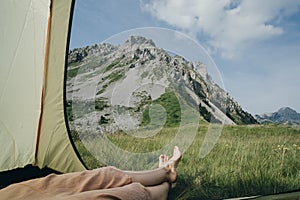 View from tourist tent inside on the mountain landscape in Monte