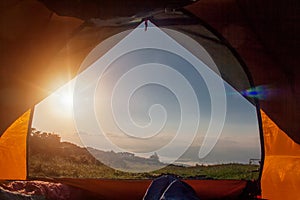 View from tourist tent to mountain valley, Carpathians; Ukraine.