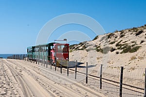 View on touristic train on Plage de Horizon, Plage de l\'ocean near Le Phare du Cap Ferret and Duna du Pilat, Cap Ferret photo