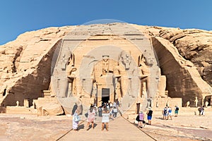 Tourists visiting Abu Simbel, the Great Temple of Ramesses II, Egypt