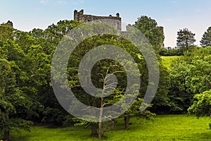 A view toward the castle overlooking the village of Llansteffan, Wales