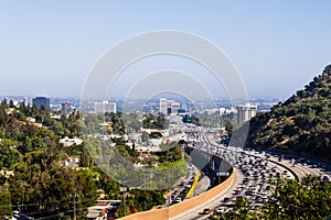 View toward West Los Angeles on a hazy day; heavy traffic on highway 405; California