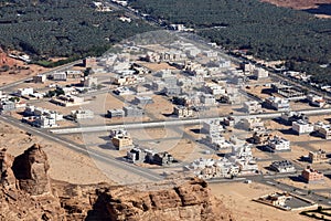 View towards Al Ula, an oasis in the middle of the mountainous landscape of Saudi Arabia