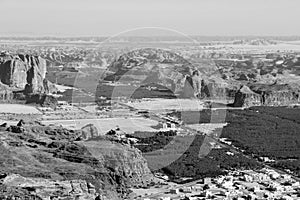 View towards Al Ula, an oasis in the middle of the mountainous landscape of Saudi Arabia