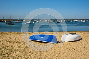 A view towards boats moored in Blackwater estuary from West Mersea, UK