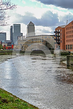 View towards Canary Wharf from River Lea, Bow.