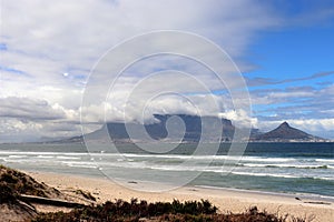 View towards Cape Town and Table Mountain from Bloubergstrand