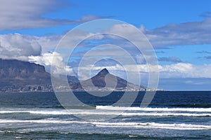 View towards Cape Town and Table Mountain from Bloubergstrand