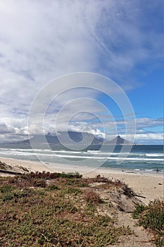 View towards Cape Town and Table Mountain from Bloubergstrand