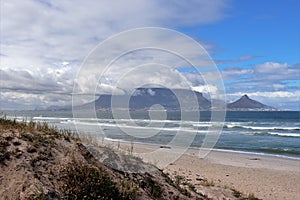 View towards Cape Town and Table Mountain from Bloubergstrand