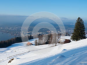 View towards the city of Zug, Switzerland, on a sunny winter afternoon