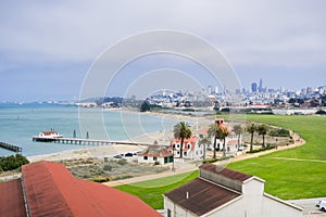 View towards Crissy Field; financial district in the background, San Francisco, California