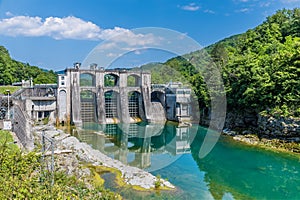 A view towards the the dam on the Soca river near Kanal in Slovenia
