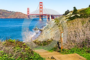 View towards Golden Gate bridge from the coastal trail, Presidio park, San Francisco, California photo