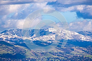 View towards Mt Hamilton and the Lick Observatory building on a sunny winter day; green hills in the foreground and snow covered