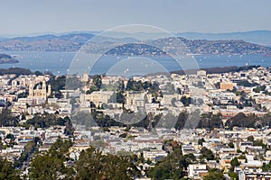 View towards Pacific Heights and Marina District neighborhoods; San Francisco bay and Belvedere in the background, San Francisco, photo