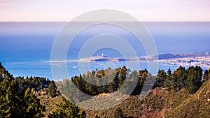 View towards the Pacific Ocean coastline and Pillar Point Harbor from Santa Cruz mountains, California