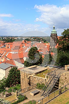 View towards Pirna cityscape with St. Marys Church from Sonnenstein castle