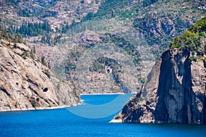 View towards Rancheria falls and creek flowing into Hetch Hetchy reservoir; Yosemite National Park, Sierra Nevada mountains,