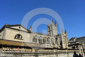View towards Roman Baths and Abbey, Bath, Somerset, England. A Unesco World Heritage Site.