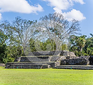 A view towards the side of the second plaza in the ancient Mayan city ruins of Altun Ha in Belize