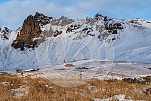 View towards Vikurkirkja, in Vik i Myrdal,  Iceland