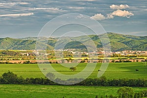 View towards Zvolen town from meadows above Sielnica village