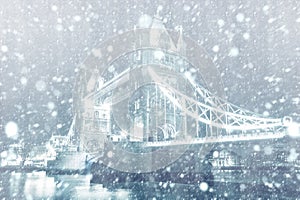 View of Tower Bridge in London with snow