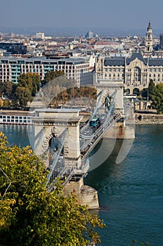 View of the tower Budapest chain Secheni Bridge rooftops of the historic Old Town of Budapest Hungary from a height