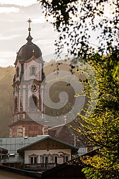 view on the tower of the catholic church saint peter and paul in mittenwald