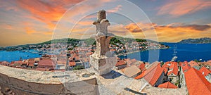 View from the tower of the church of St. Marco of the medieval town of Korcula in Croatia