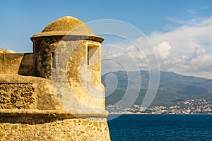 View on the tower of Citadel Miollis and the sea in Ajaccio on Corsica island, France