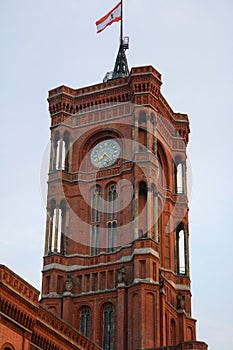 View of tower and clock of Rotes Rathaus the town hall of Berlin