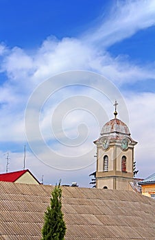 View of tower with clock of Saint Anna`s roman catholic church
