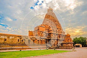 View at the tower Hindu Brihadishvara Temple, India, Tamil Nadu, Thanjavour, (Trichy), panorama