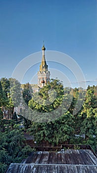 View of the tower of the Holy Intercession Cathedral. Belarus. Orthodox church in Grodno. Built in the early 20th century in the