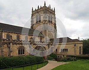 View of the tower and main entrance of the cathedral church of saint peter in bradford west yorkshire