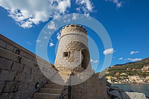 View of the tower on the sea in the city of Recco , Genoa Genova Province, Liguria, Mediterranean coast, Italy