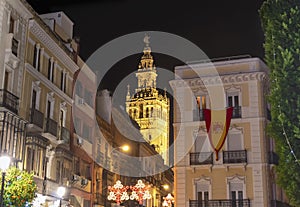 View of tower of Seville Cathedral of Saint Mary of the See Seville Cathedral at Christmas time