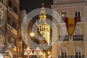 View of tower of Seville Cathedral of Saint Mary of the See Seville Cathedral at Christmas time