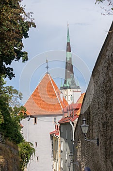 View on   tower of  St Olaf`s church Oleviste Temple, architectural monument of 13th century, Tallinn, Estonia