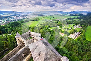 View from tower of Stara Lubovna castle towards open air museum