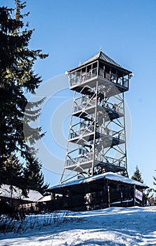 View tower on Velka Cantoryje hill during winter day with clear sky