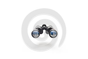 View of towers citys or buildings reflected in the lens of binoculars on white background