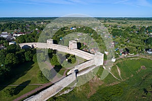 View of the towers of the Izborsk fortress, June day. Old Izborsk, Russia