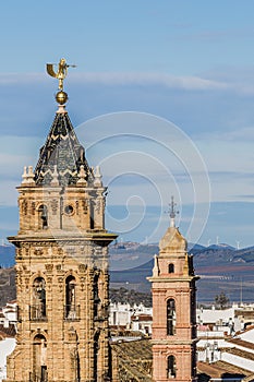 View of the towers of the Royal Collegiate of San Sebastian in Antequera