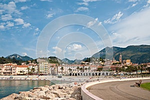 View of town and beach, Menton