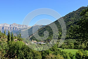 View of the town of Broto from Oto, Huesca province, Aragon, Spain photo